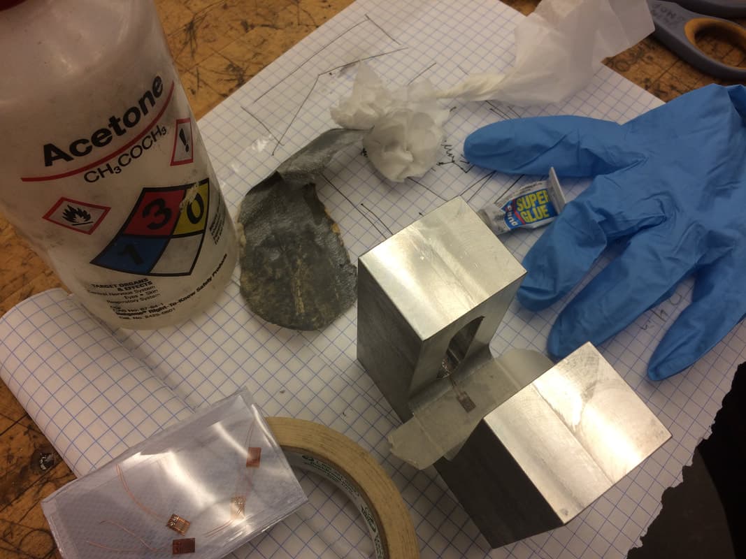 Just after applying glue and holding down the gauge. The delicate little strain gauges come in the package on the bottom left.