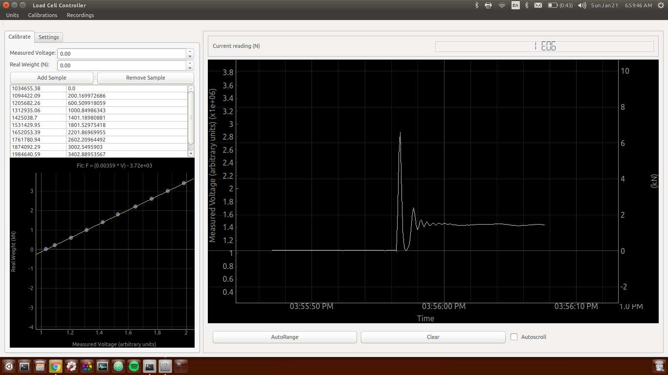 On the right is the updating plot of readings. The left axis is the raw voltage reading, and the right axis shows the real weight after the voltage is translated through the calibration fit. On the left is the interface for editing a calibration, by adding or removing weight/voltage pairs, and viewing the fit of the samples. There is also a tab on the left for changing the settings of the scale. At the top are some menus for changing the units (lbs, kgs, N) and for saving/loading calibrations and recordings.